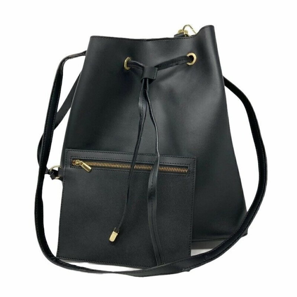 NEW Rachel Roy Womens Tote Bag Black Leather Bucket Drawstring Large Sling